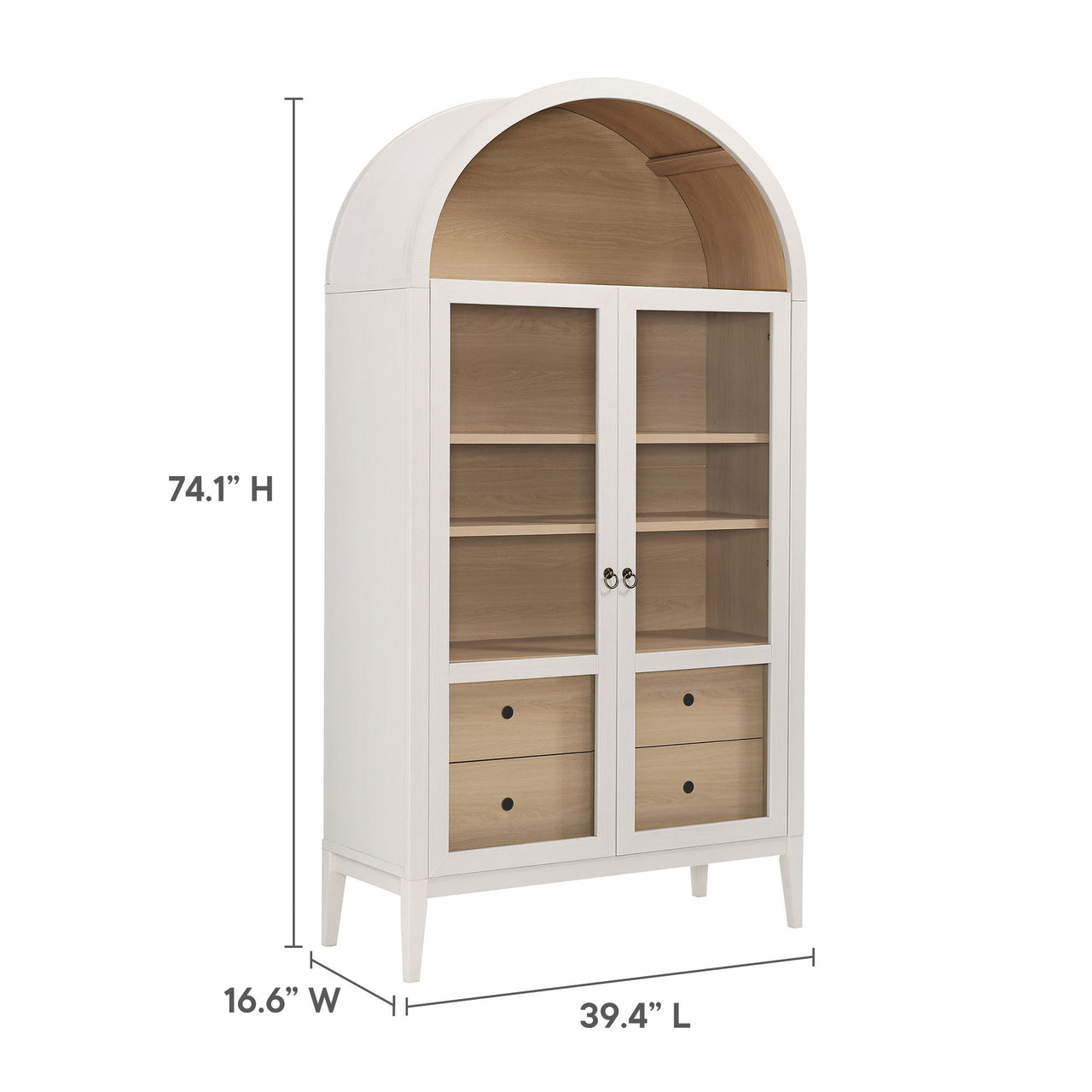 Althene Tall Wide Rounded Display Cabinet, Ivory & Oak
