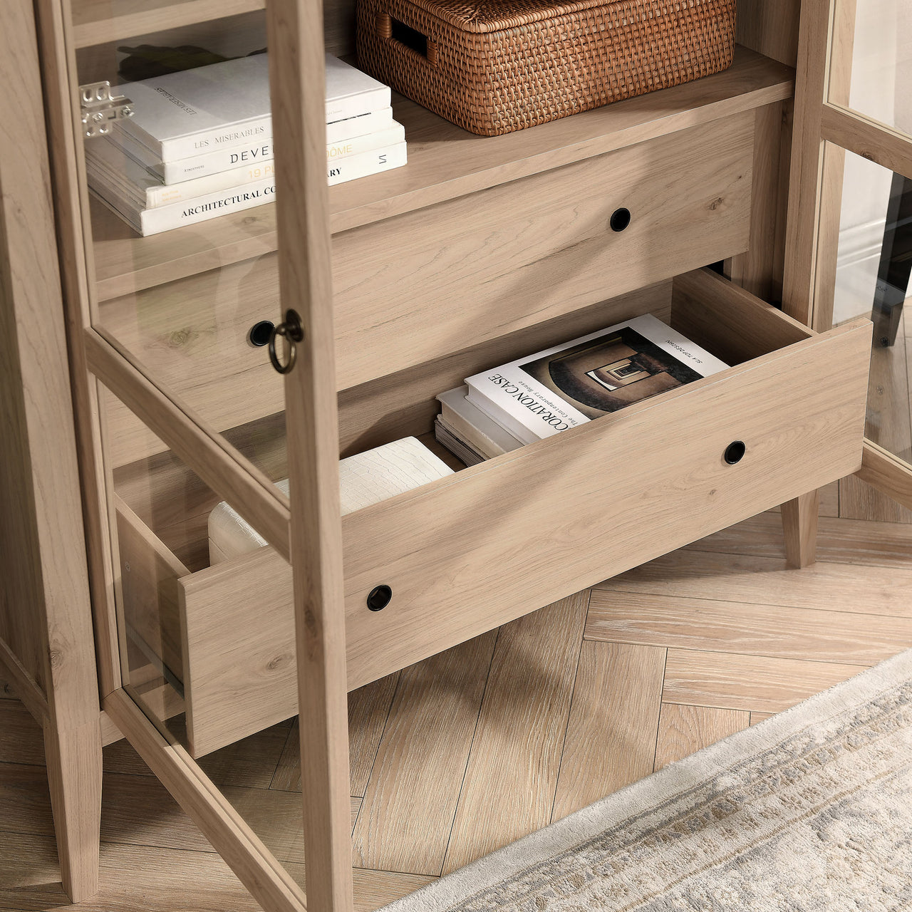 Althene Tall Wide Rounded Display Cabinet, Light Oak