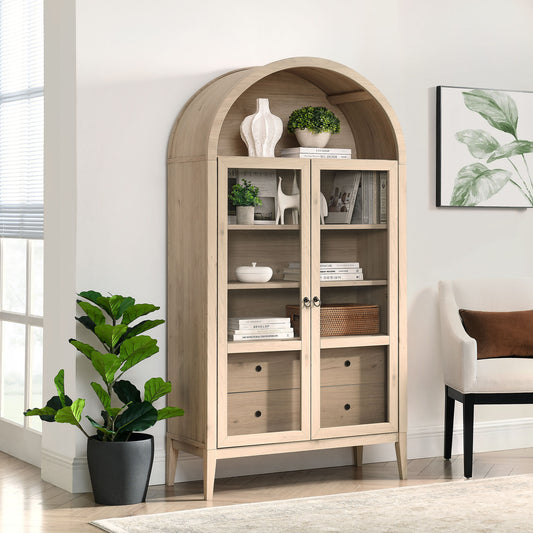 Althene Tall Wide Rounded Display Cabinet, Light Oak