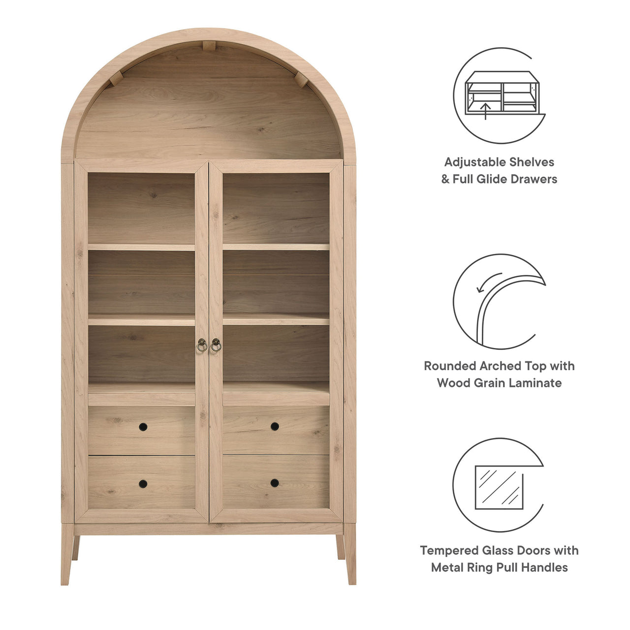 Althene Tall Wide Rounded Display Cabinet, Light Oak