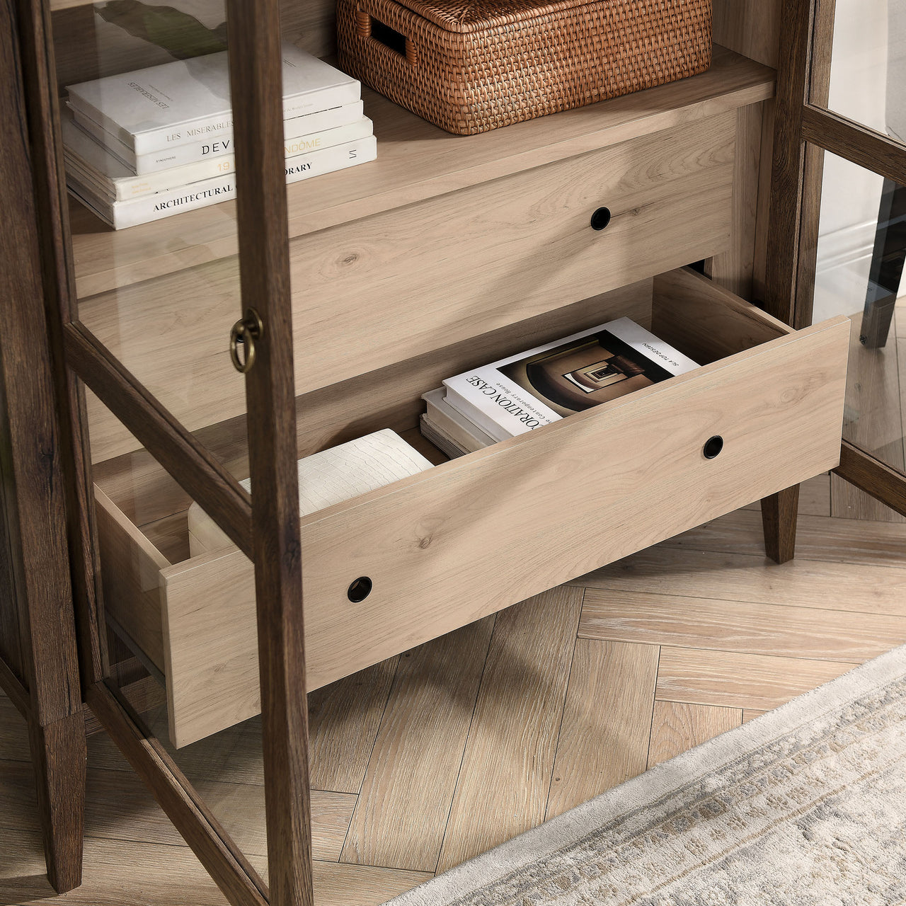 Althene Tall Wide Rounded Display Cabinet, Walnut & Light Oak