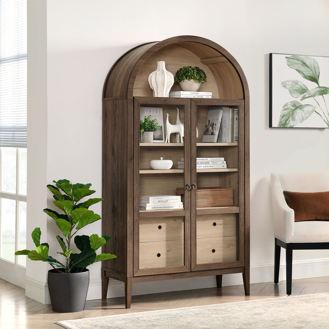 Althene Tall Wide Rounded Display Cabinet, Walnut & Light Oak