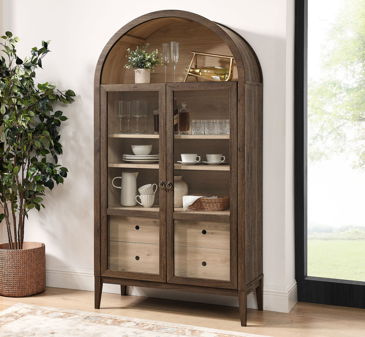 Althene Tall Wide Rounded Display Cabinet, Walnut & Light Oak