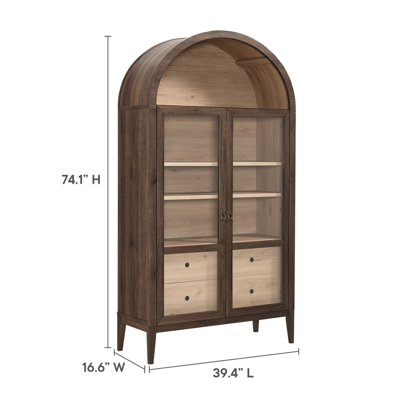 Althene Tall Wide Rounded Display Cabinet, Walnut & Light Oak