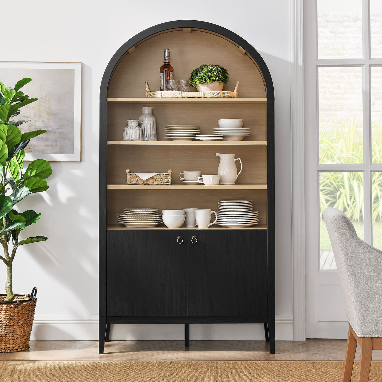 Althene Tall Wide Rounded Display Cabinet | Bookshelf, Black & Oak