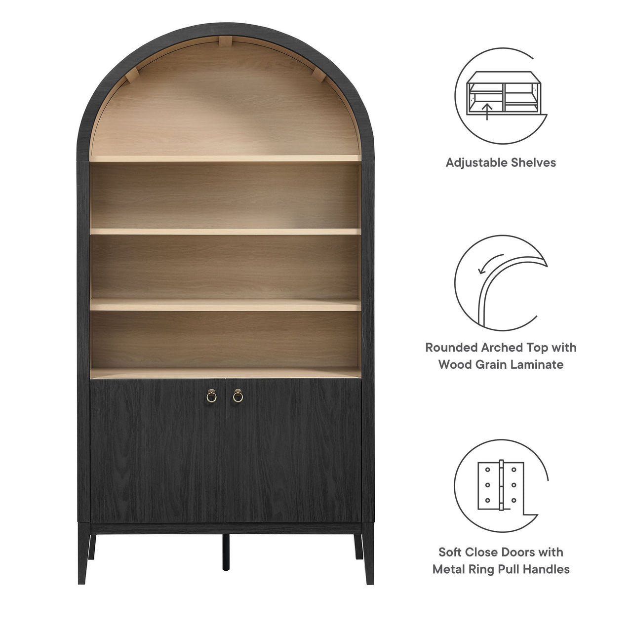 Althene Tall Wide Rounded Display Cabinet | Bookshelf, Black & Oak