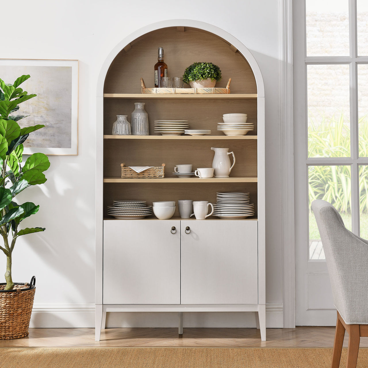 Althene Tall Wide Rounded Display Cabinet | Bookshelf, Ivory & Oak