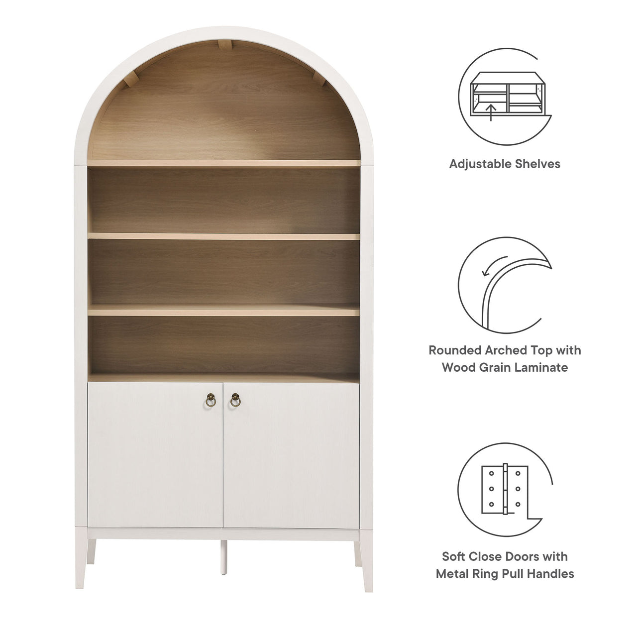 Althene Tall Wide Rounded Display Cabinet | Bookshelf, Ivory & Oak