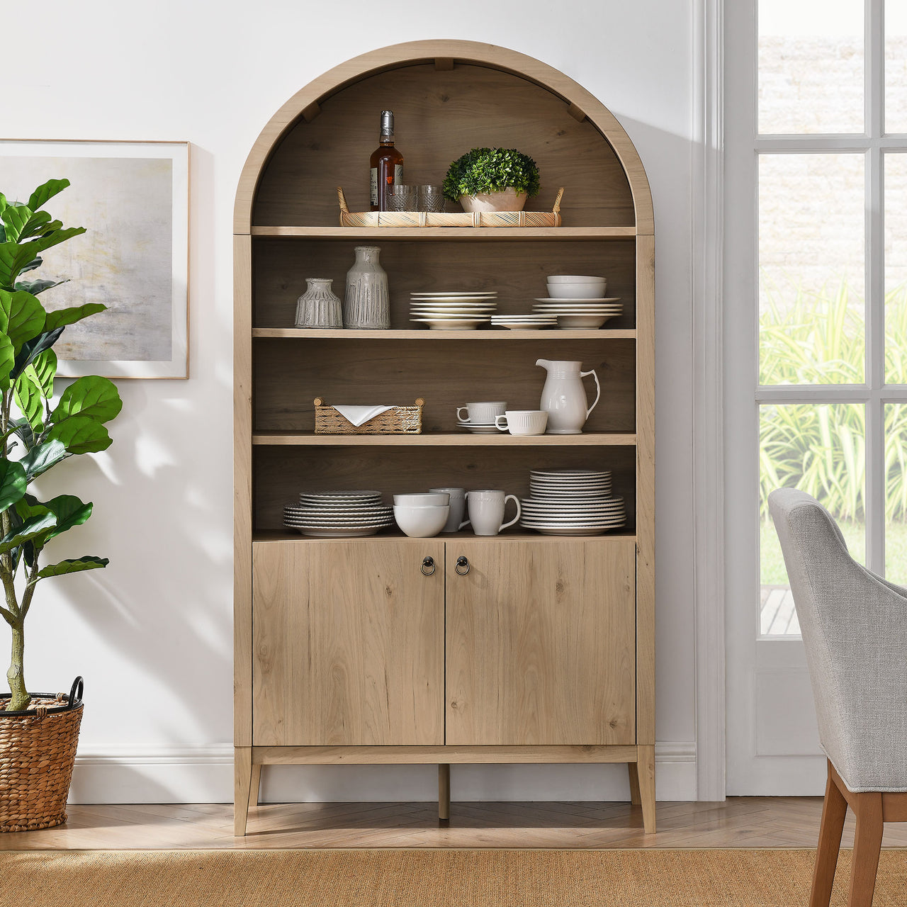 Althene Tall Wide Rounded Display Cabinet | Bookshelf, Light Oak