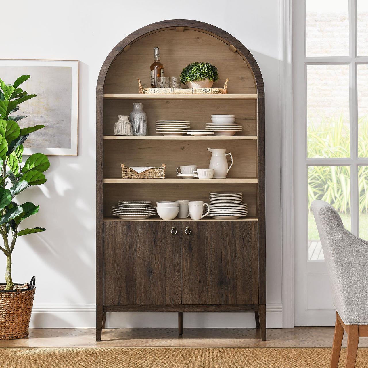 Althene Tall Wide Rounded Display Cabinet | Bookshelf, Dark Walnut