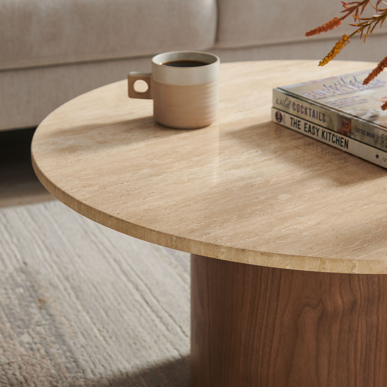 Ilyndra Round Travertine Coffee Table, Brown & Cream
