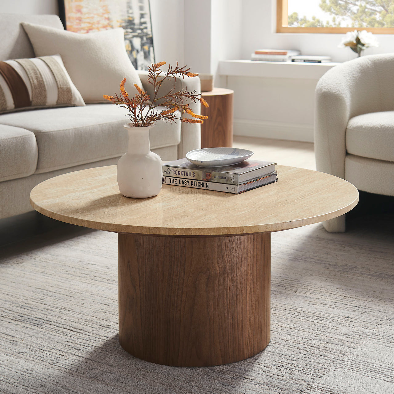 Ilyndra Round Travertine Coffee Table, Brown & Cream
