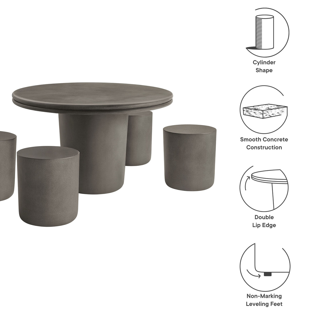 Brynn Indoor | Outdoor Concrete 5-Piece Dining Table Set, Gray