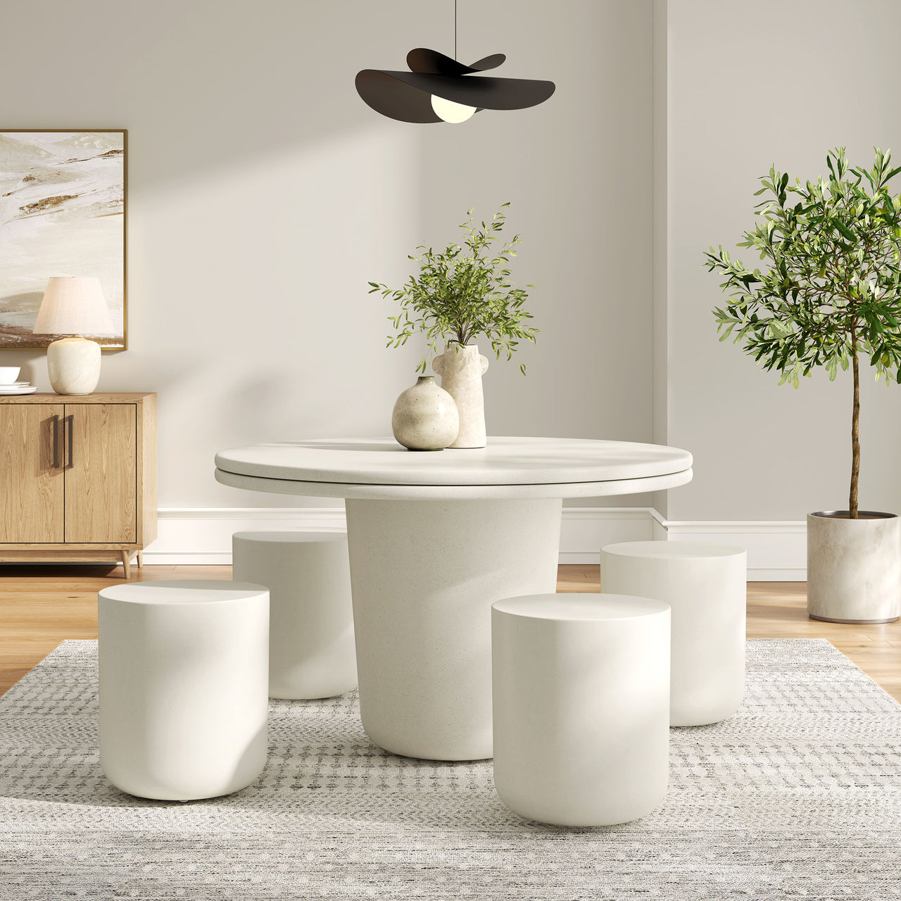 Brynn Indoor | Outdoor Concrete 5-Piece Dining Table Set, White