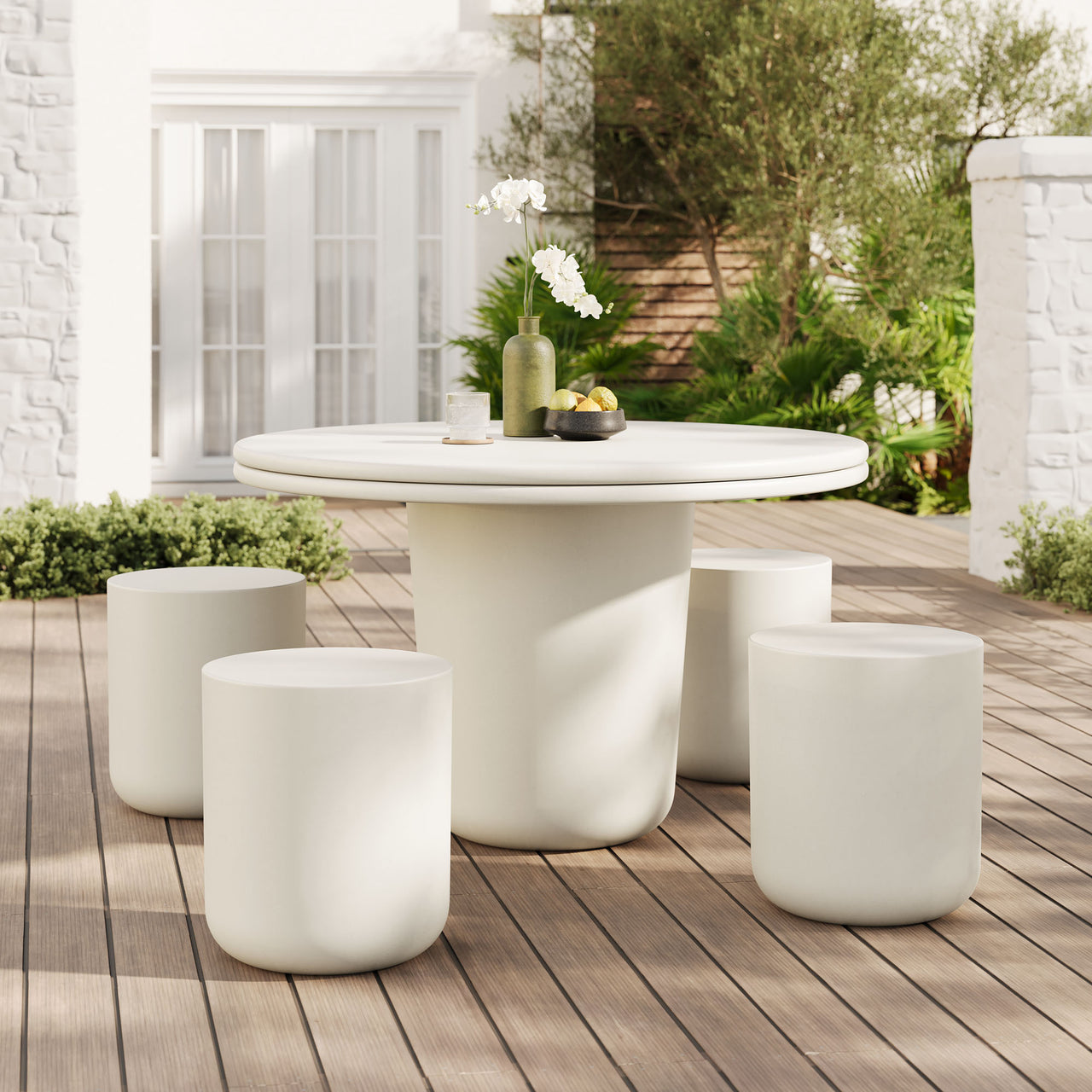 Brynn Indoor | Outdoor Concrete 5-Piece Dining Table Set, White