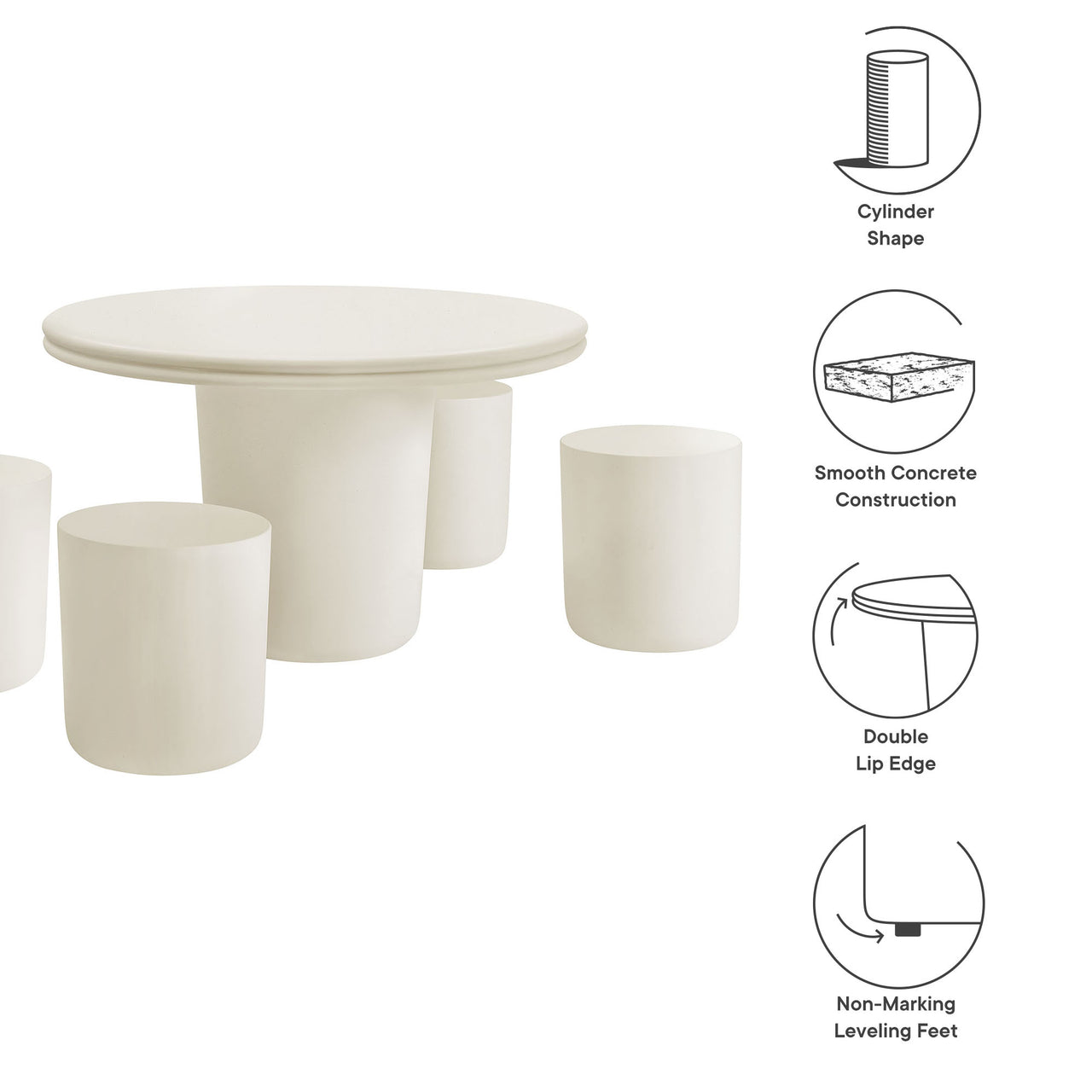 Brynn Indoor | Outdoor Concrete 5-Piece Dining Table Set, White