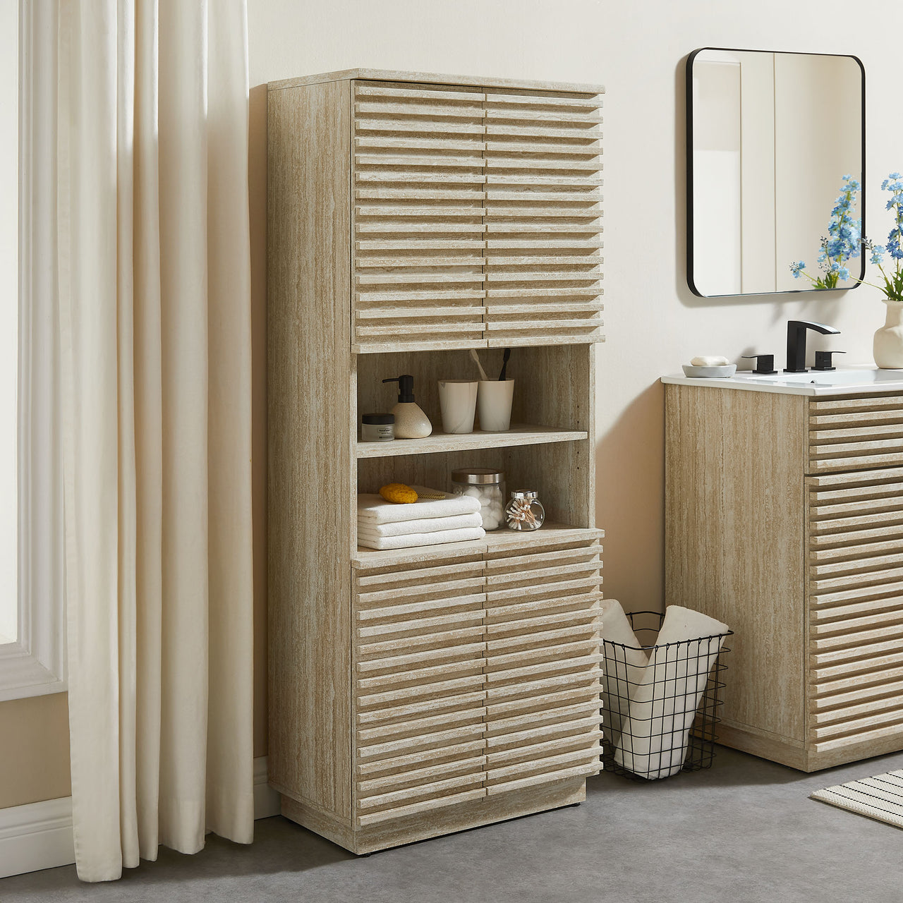 Ventra Tall Bathroom Cabinet, Travertine