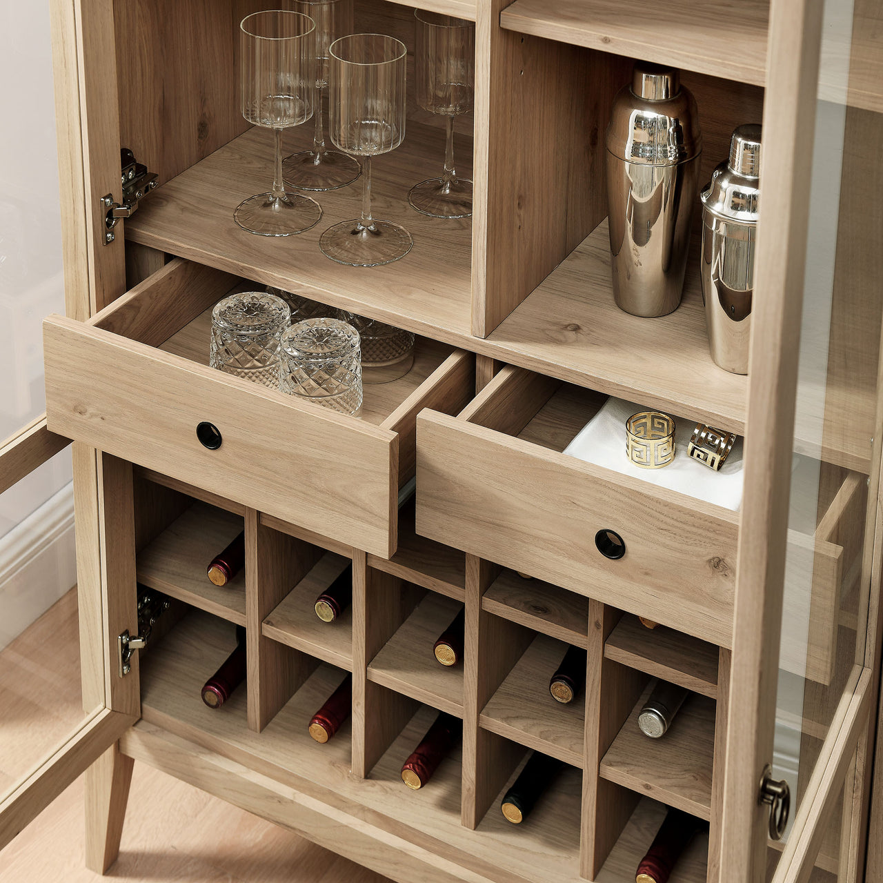 Althene Arched Bar Cabinet, Light Oak