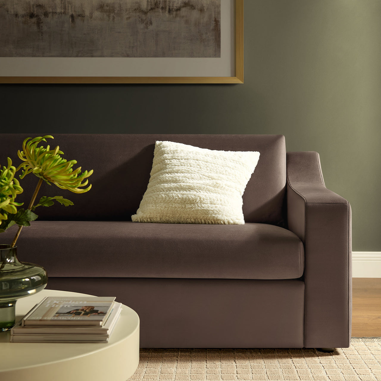 Lioness Upholstered Velvet Sofa, Chocolate Brown