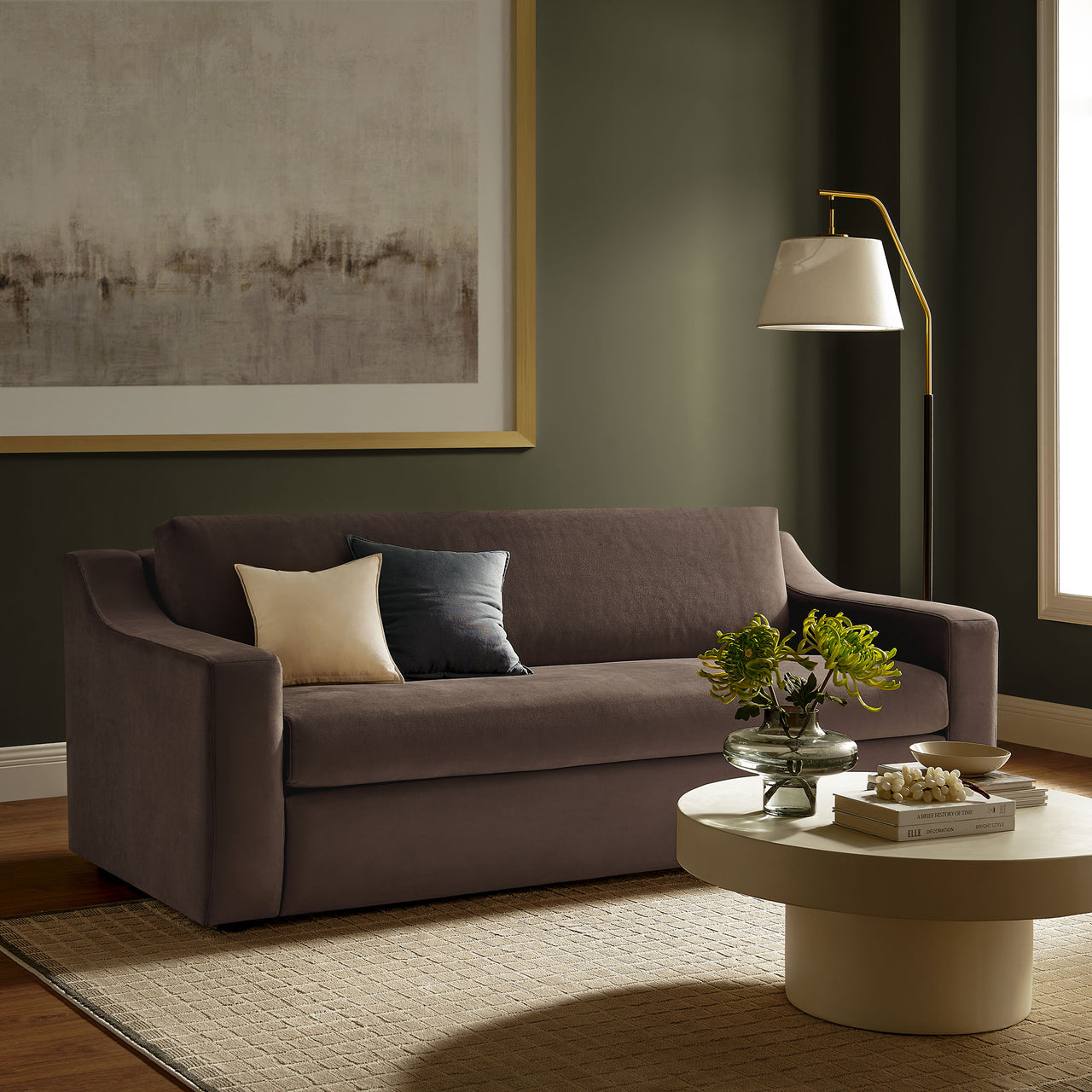 Lioness Upholstered Velvet Sofa, Chocolate Brown
