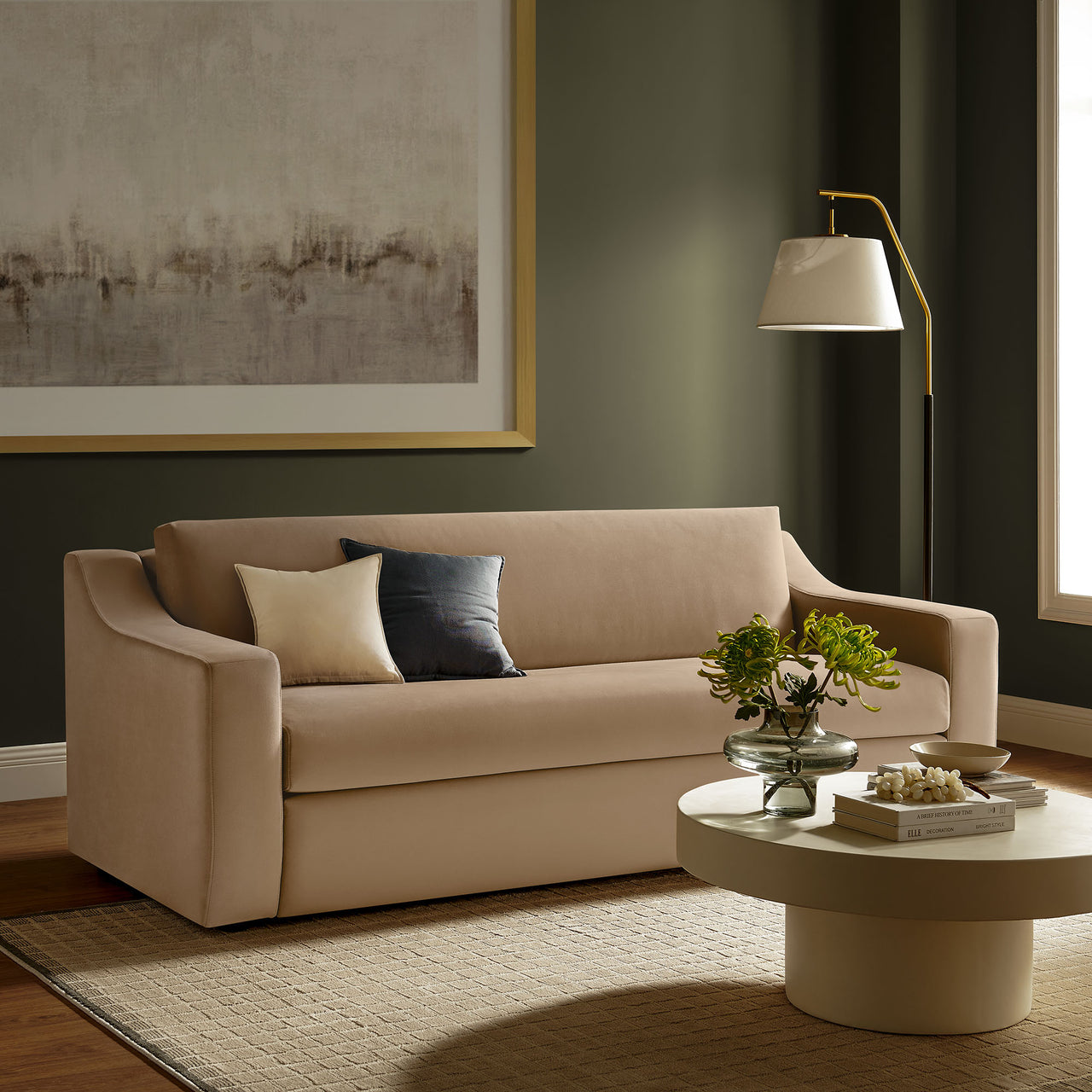 Lioness Upholstered Velvet Sofa, Taupe