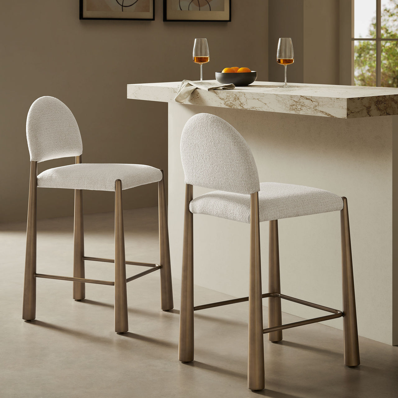 Nali Fabric Counter Stool, Brass & Cream