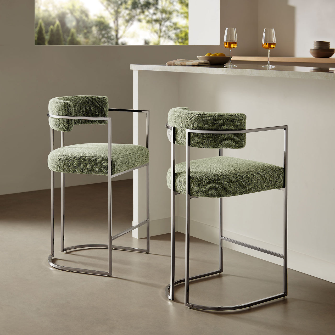 Olyra Fabric Counter Stool, Silver & Leaf