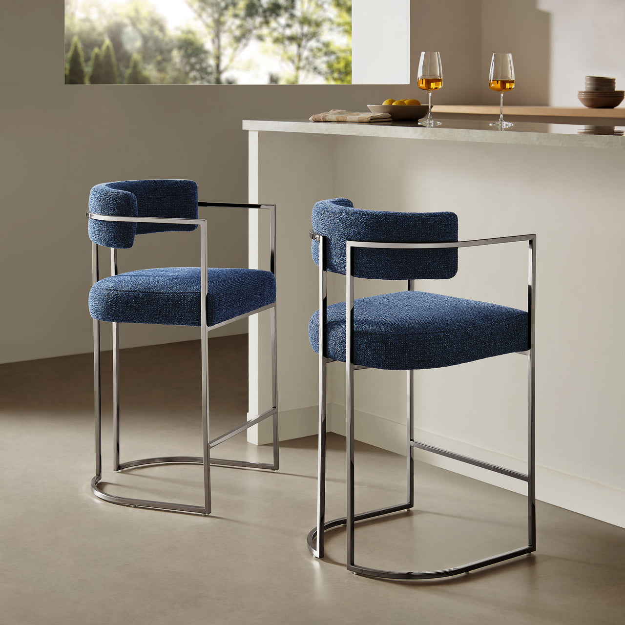 Olyra Fabric Counter Stool, Silver & Navy