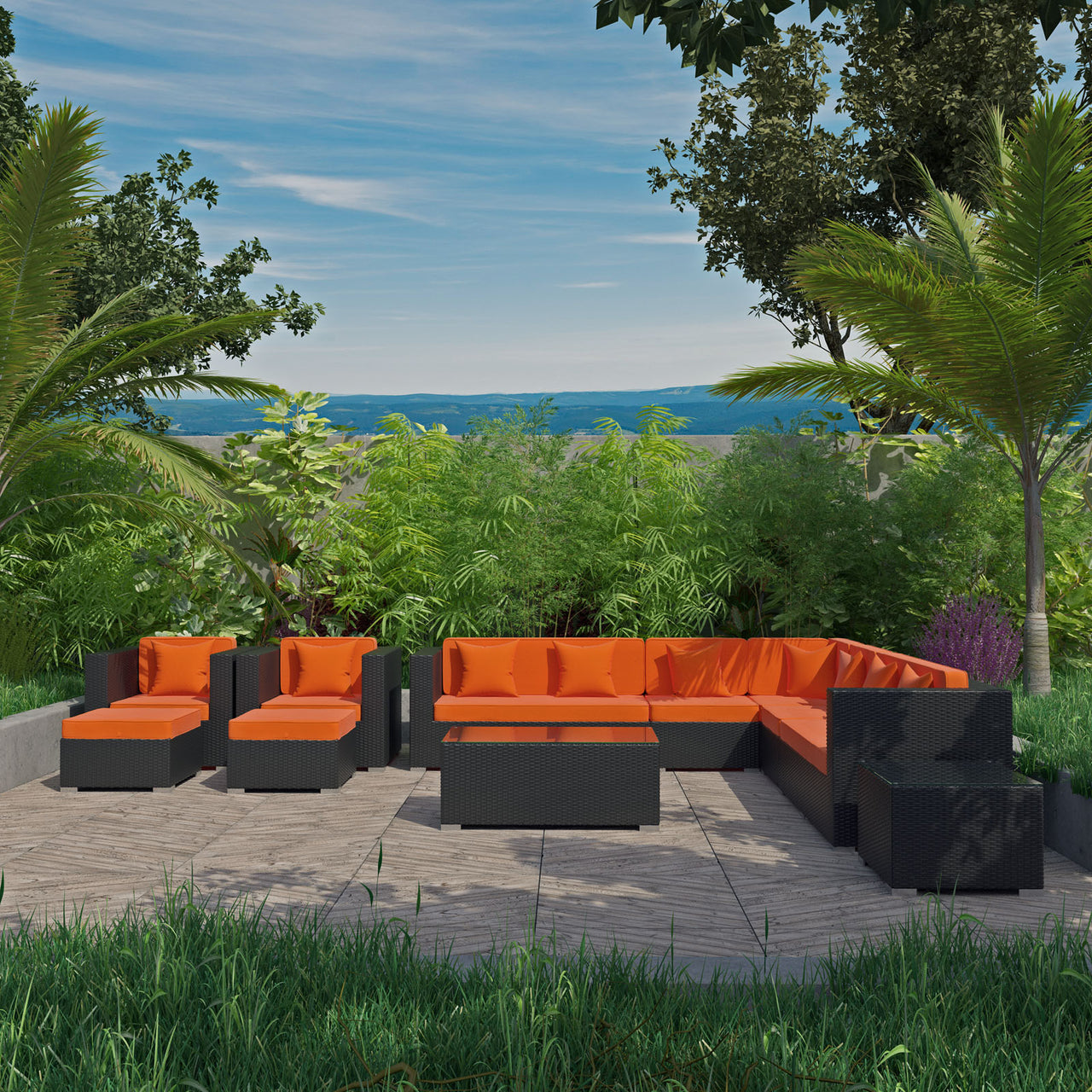 Vionette Alfresco Sectional Set, Dark Brown & Orange