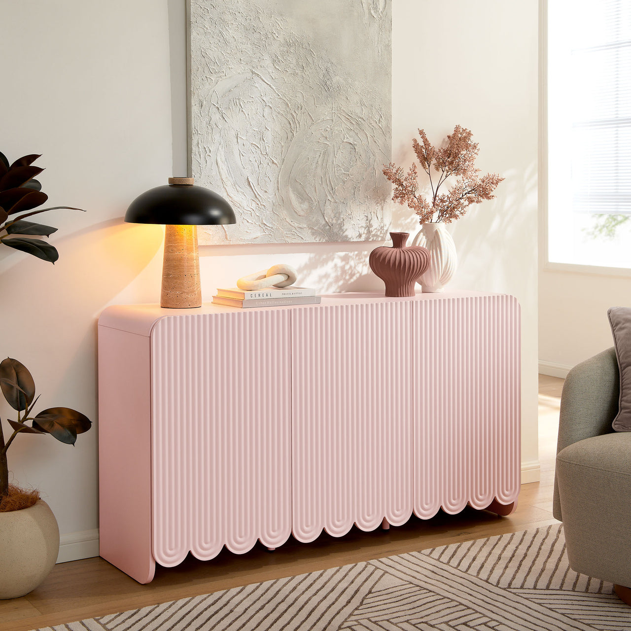 Florinelle Fluted and Petal-Carved Credenza, Pink