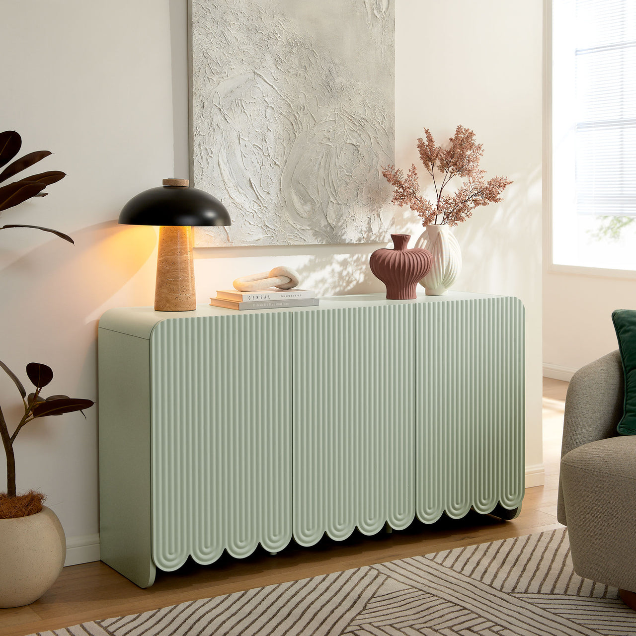 Florinelle Fluted and Petal-Carved Credenza, Sage