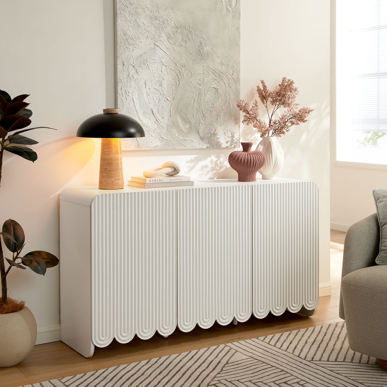 Florinelle Fluted and Petal-Carved Credenza, White