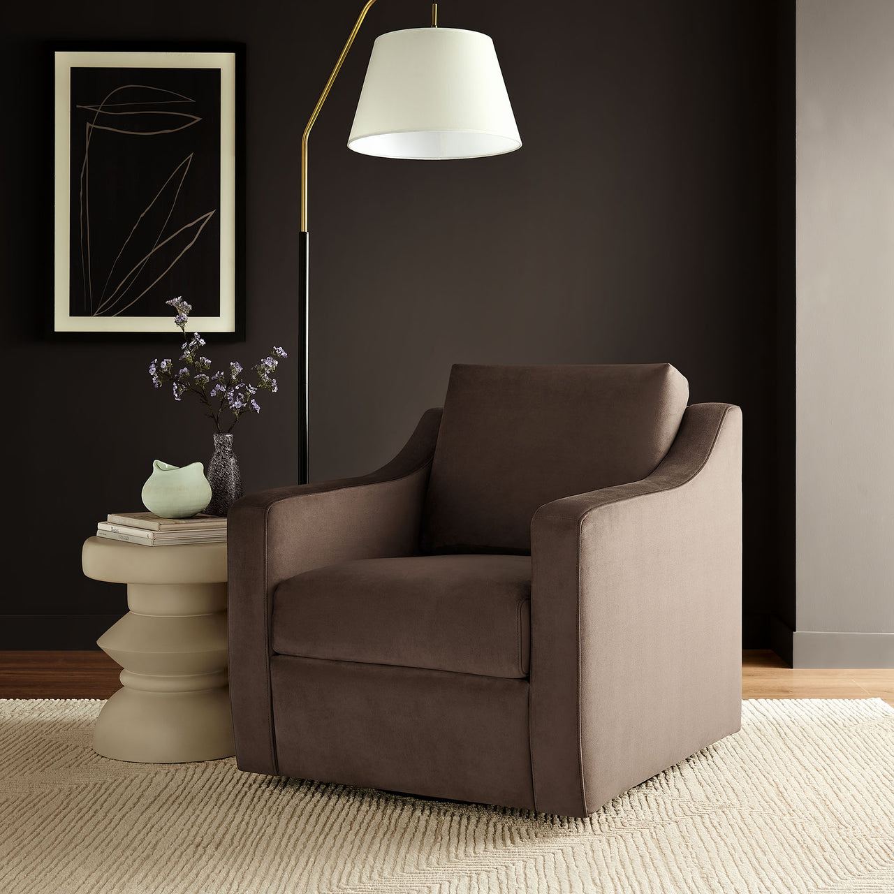 Lioness Upholstered Velvet Armchair, Chocolate Brown