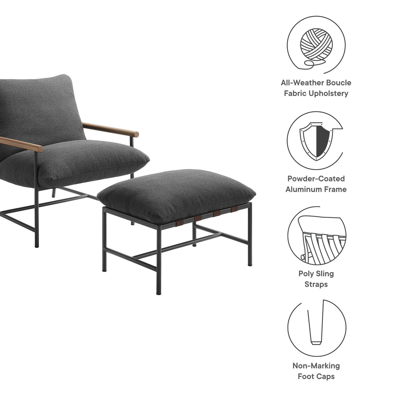 Bo Peep Alfresco Boucle Lounge Chair w/ Ottoman, Charcoal