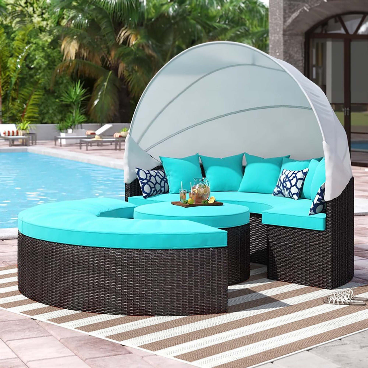 Wanderer Alfresco Lounging Daybed, Dark Brown & Turquoise