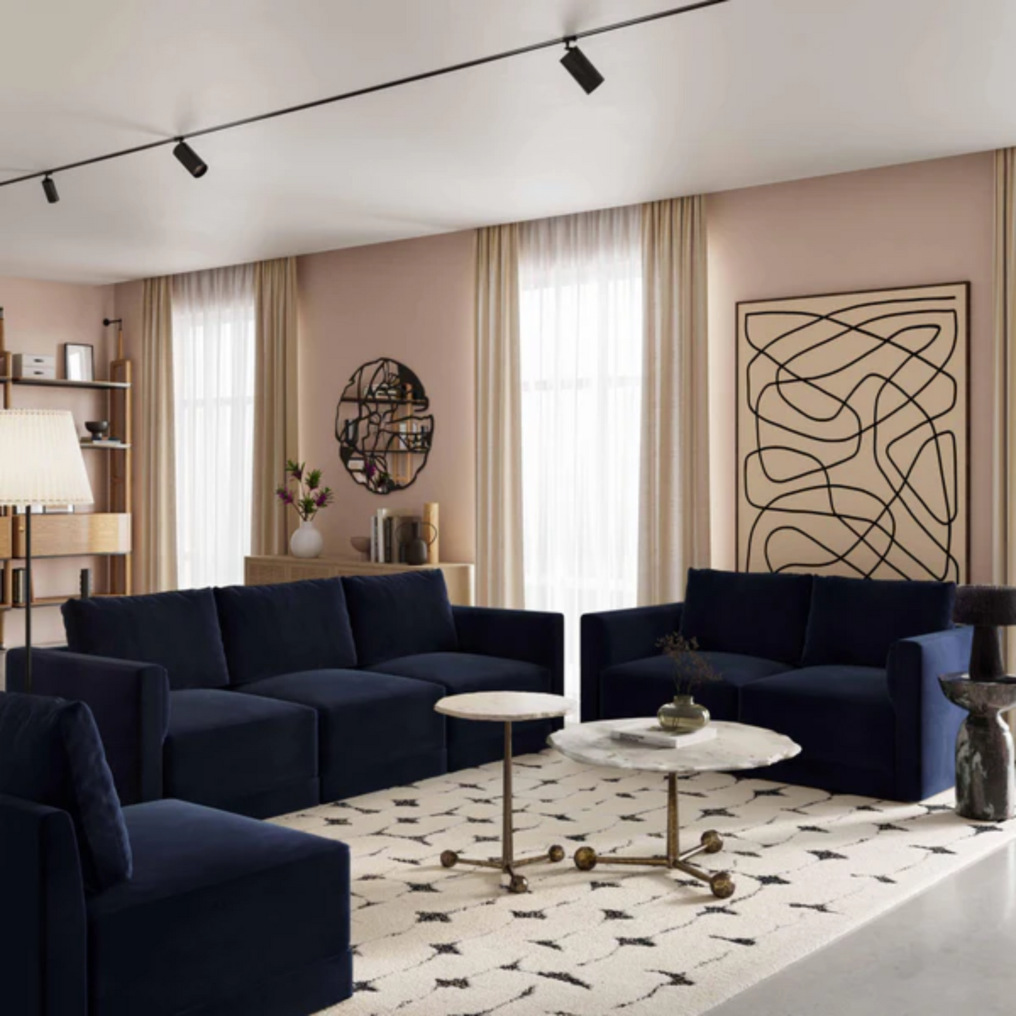 Jasmin Upholstered Velvet Modular Sectional Component | Left Armchair, Dark Navy