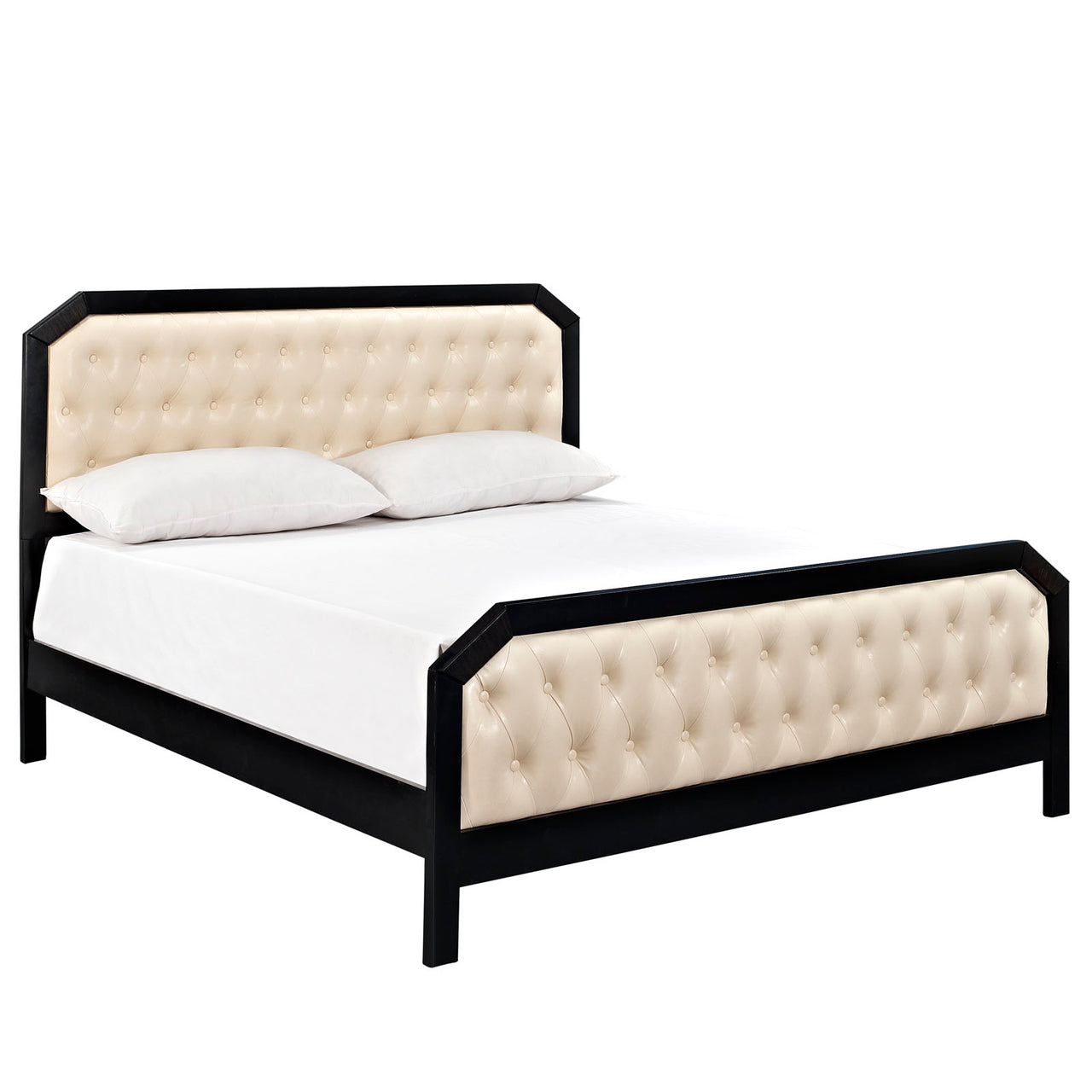 Auradra Eco-Leather Queen Bed, Black & Ivory