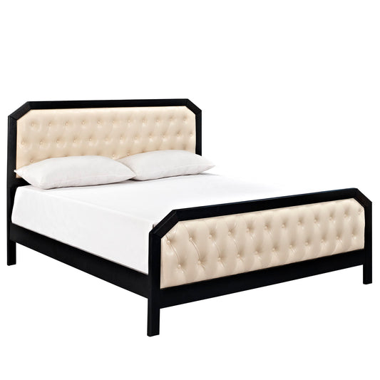 Auradra Eco-Leather Queen Bed, Black & Ivory