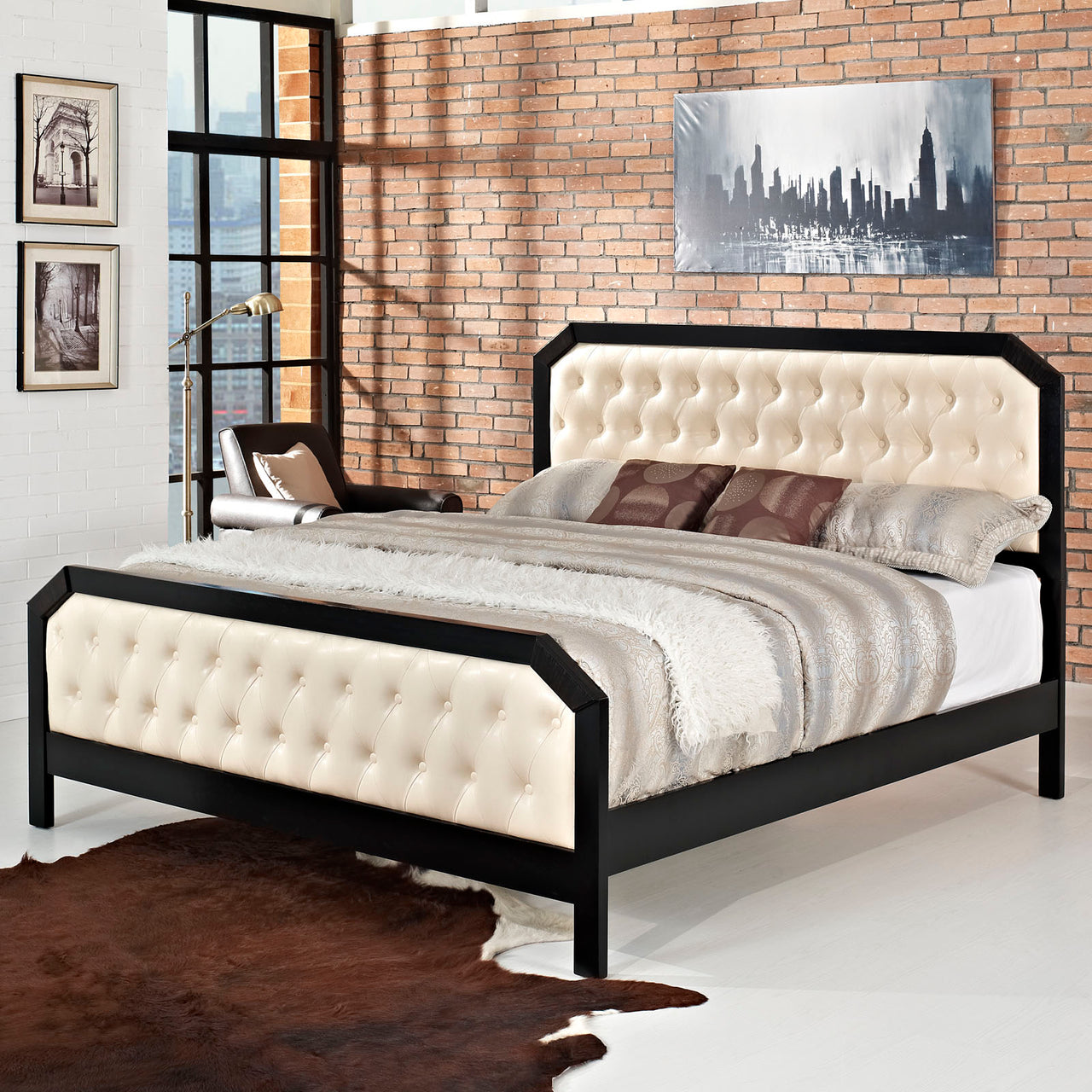 Auradra Eco-Leather Queen Bed, Black & Ivory
