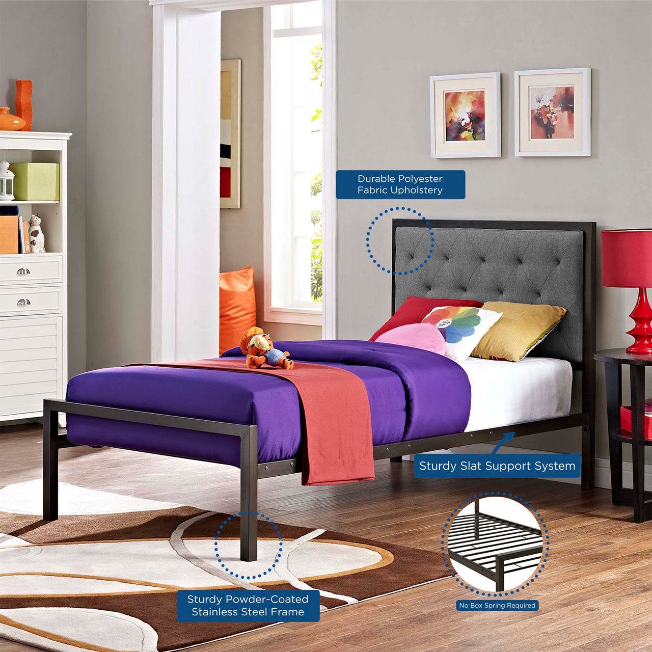 Mirava Upholstered Twin Bed, Brown & Gray