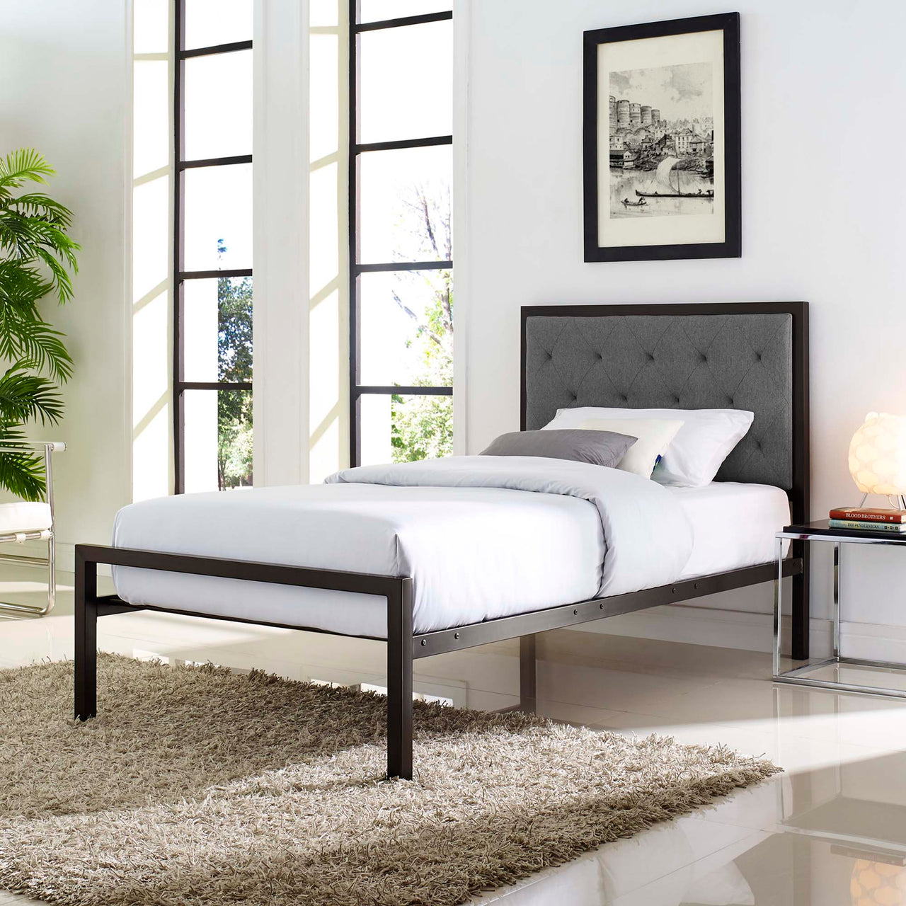 Mirava Upholstered Twin Bed, Brown & Gray