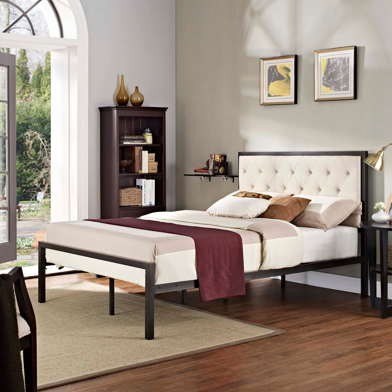 Mirava Upholstered Full Bed, Brown & Beige