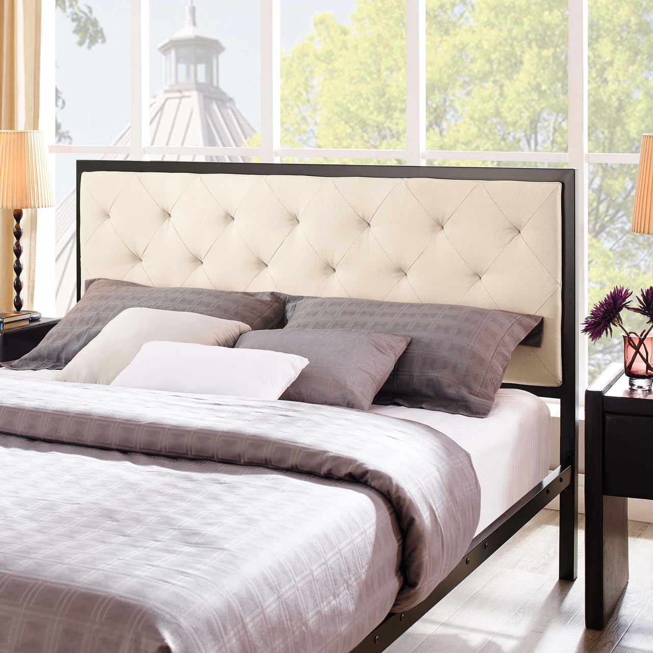 Mirava Upholstered Queen Bed, Brown & Beige