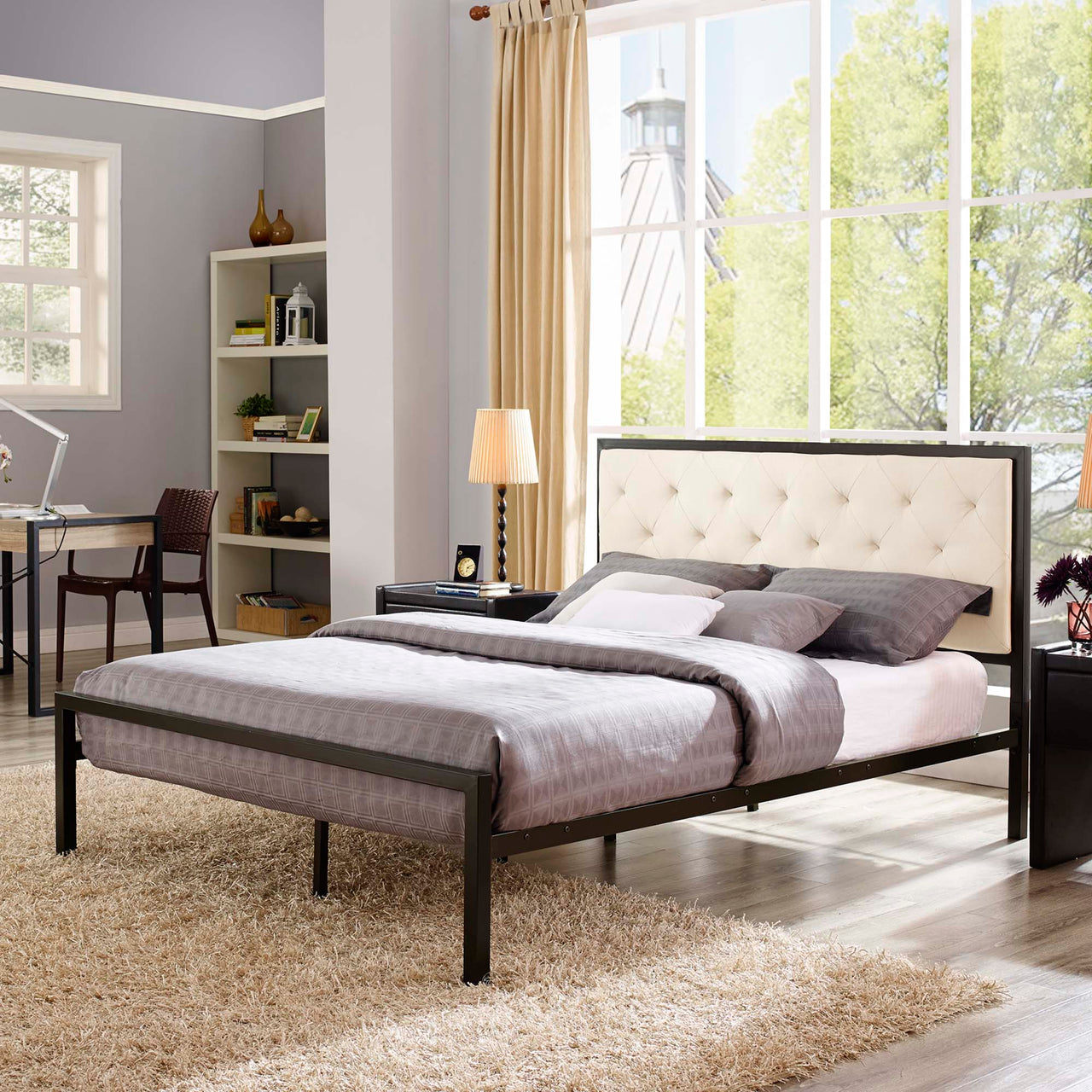 Mirava Upholstered Queen Bed, Brown & Beige