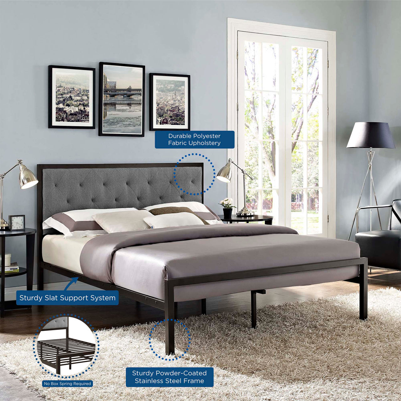 Mirava Upholstered Queen Bed, Brown & Gray