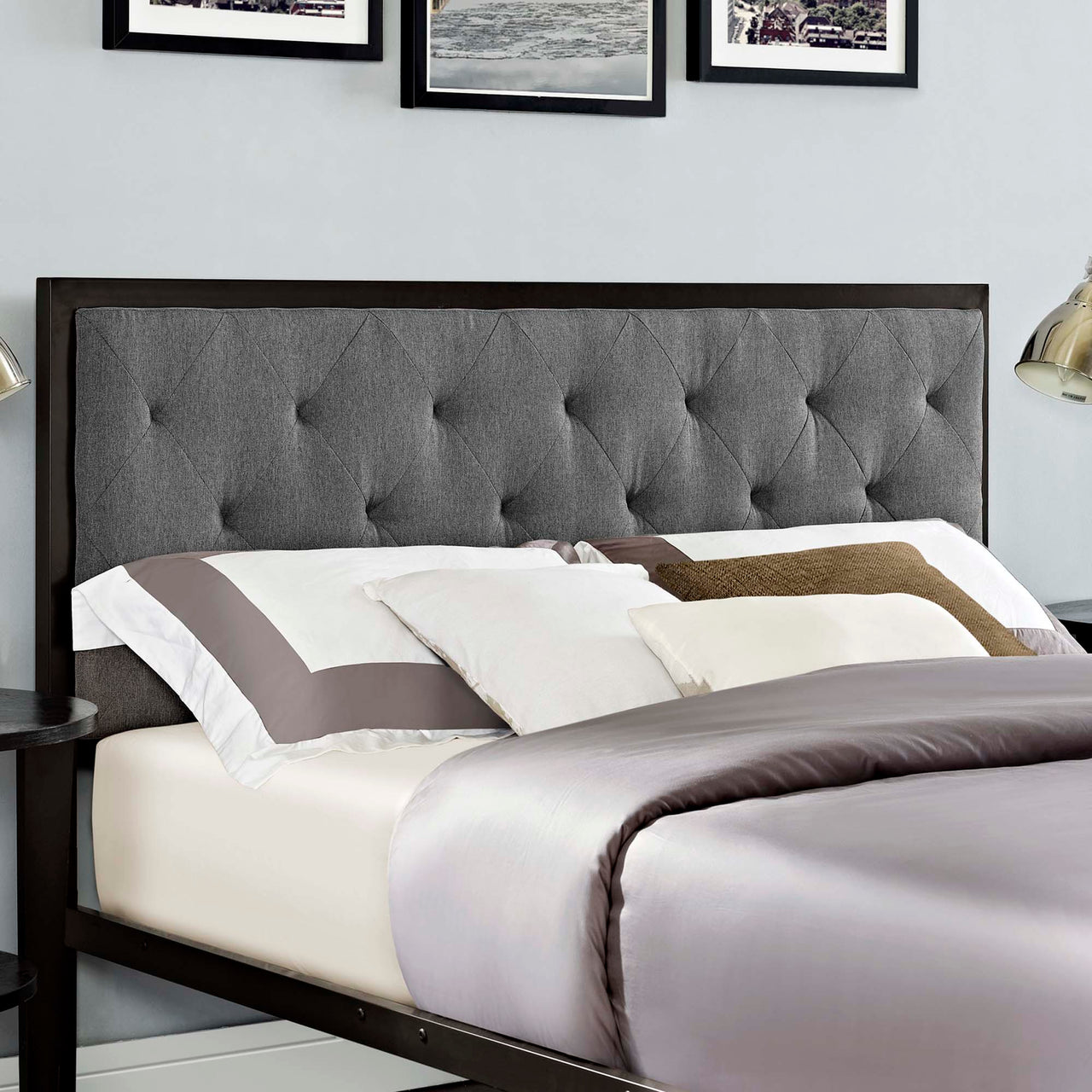 Mirava Upholstered Queen Bed, Brown & Gray