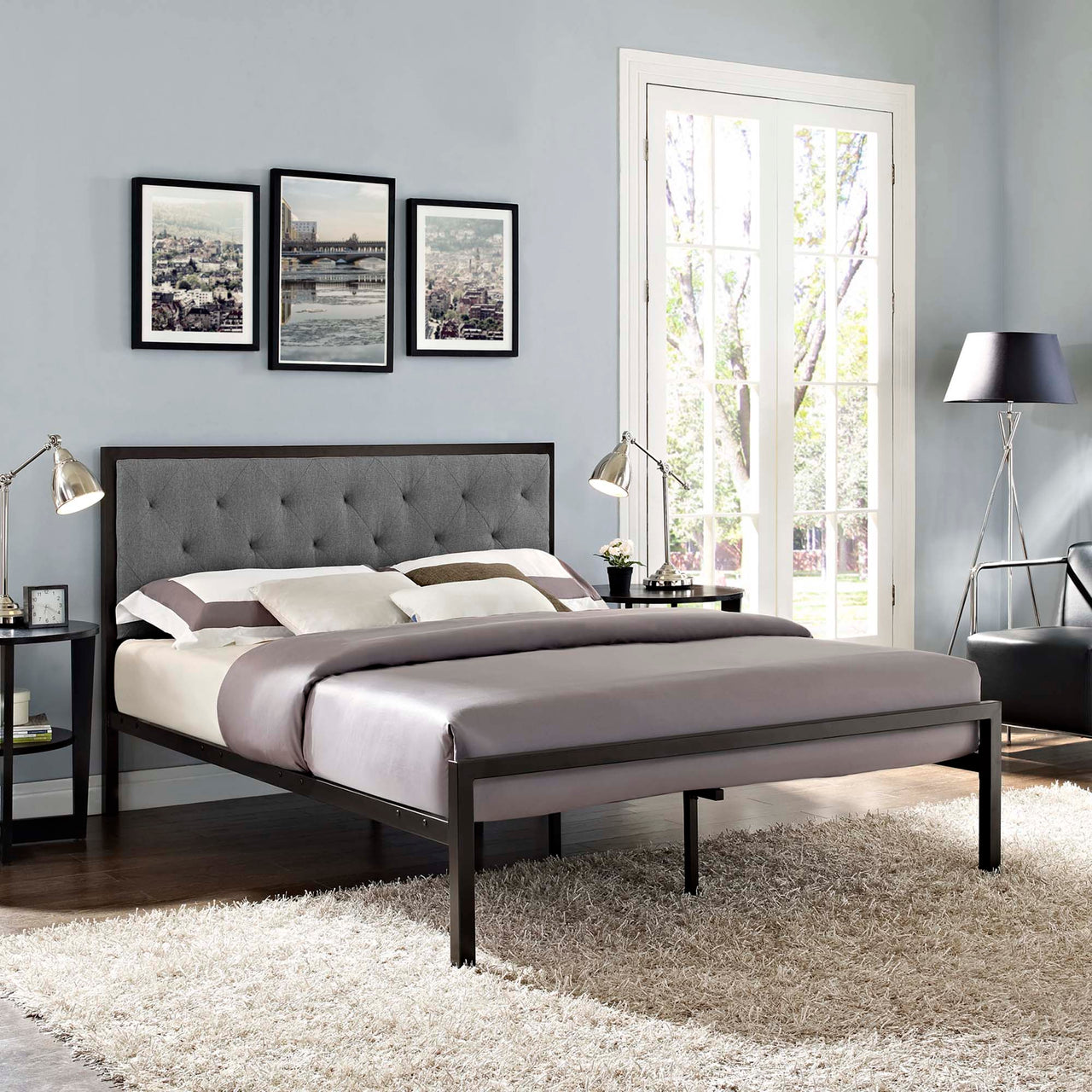 Mirava Upholstered Queen Bed, Brown & Gray