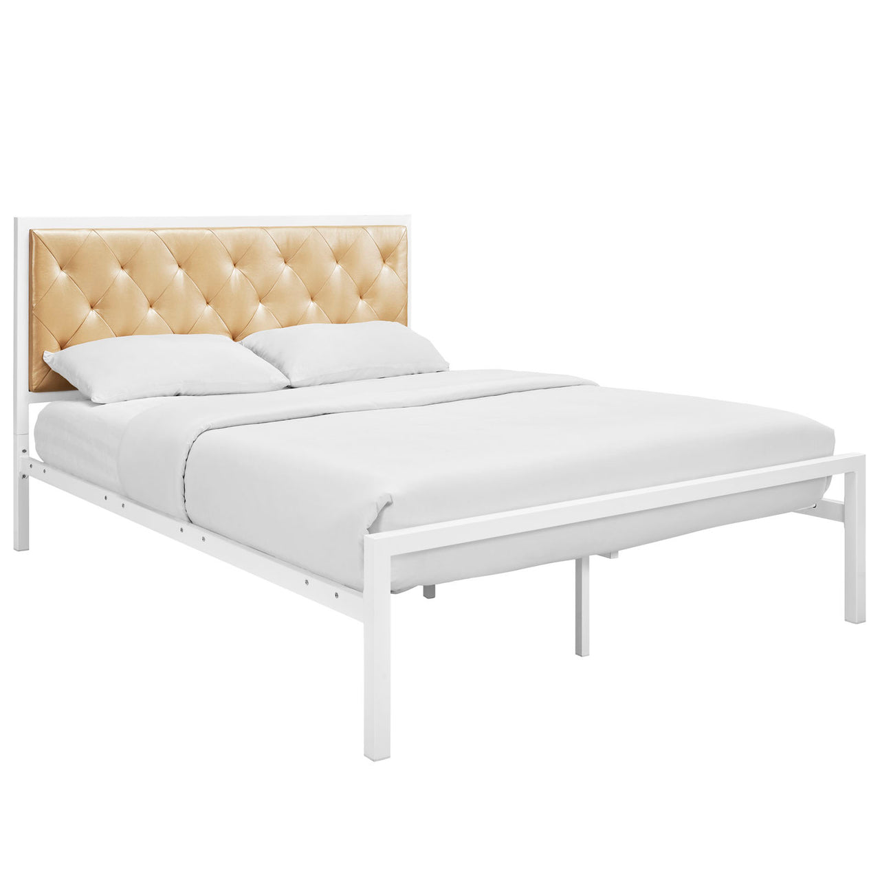 Mirava Eco-Leather Queen Bed, White & Champagne