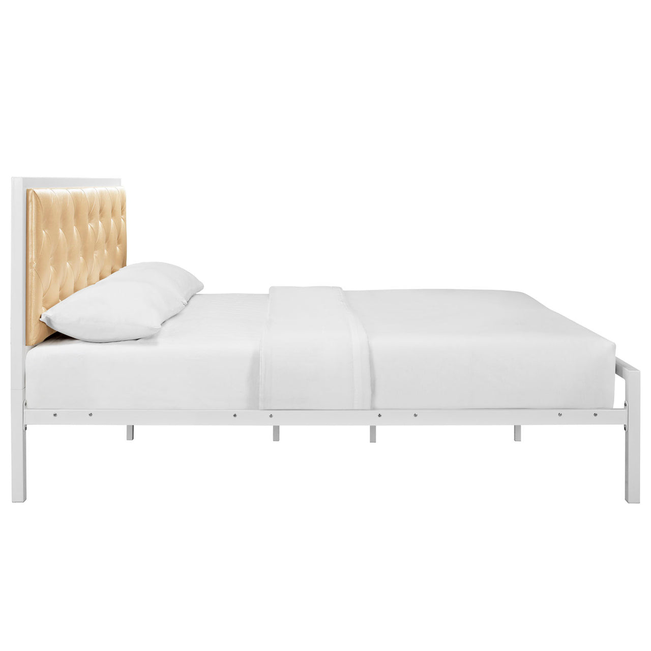 Mirava Eco-Leather Queen Bed, White & Champagne