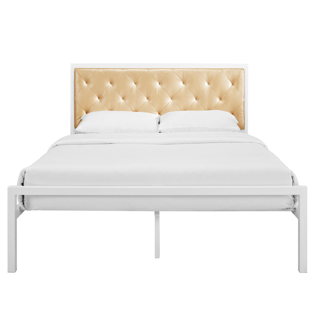 Mirava Eco-Leather Queen Bed, White & Champagne
